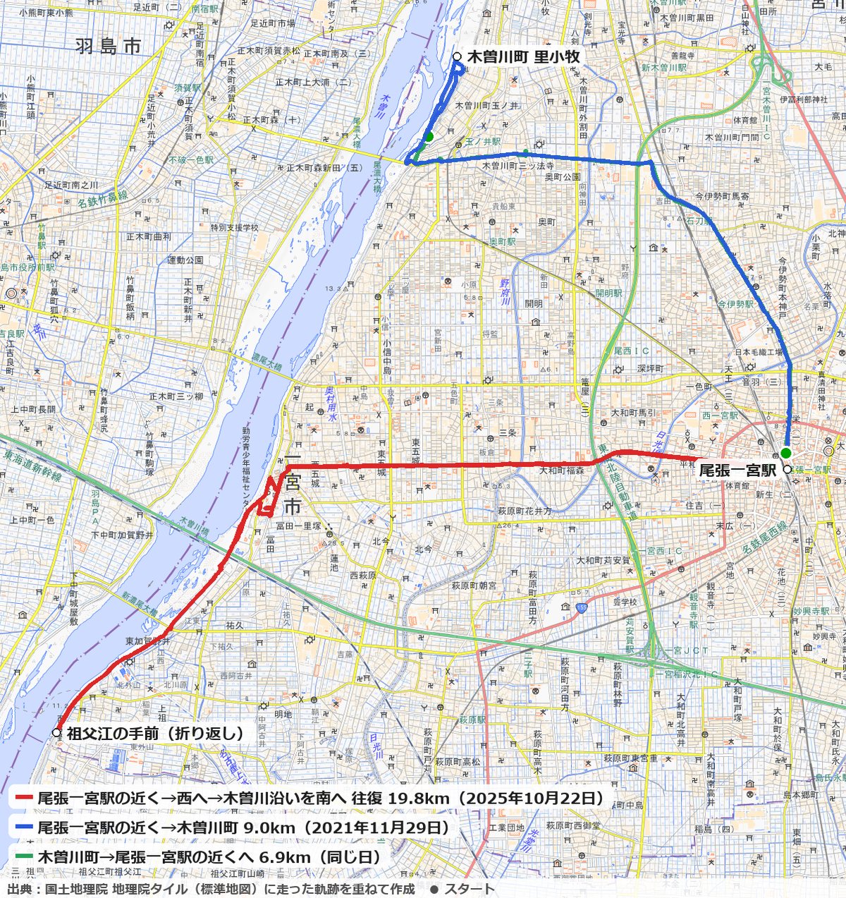尾張一宮駅の近くからまっすぐ西へ走って木曽川沿いを往復した19.8kmと、木曽川町へ走った9.0km・6.9kmのコースの地図