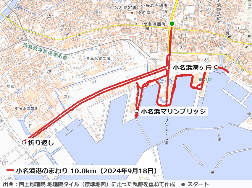 小名浜西町から小名浜港へ出て、港ヶ丘・小名浜マリンブリッジを回り、臨港道路を西へ往復した10.0kmのコースの地図