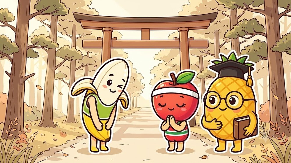 松並木の鳥居の前で立ち止まって、おじぎをする