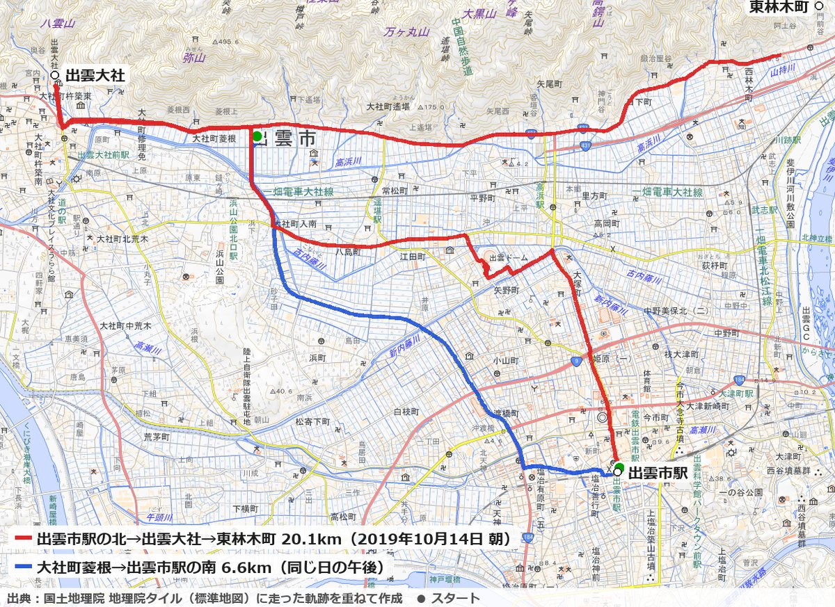 出雲市駅の北から出雲大社へ走り、山のふもとの道を東林木町まで走った20.1kmと、午後の6.6kmのコースの地図