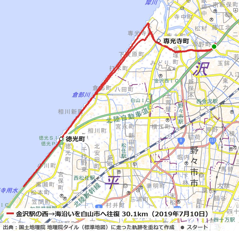 金沢駅の西から専光寺町の海岸へ出て、海沿いを白山市の徳光町の先まで往復した30.1kmのコースの地図