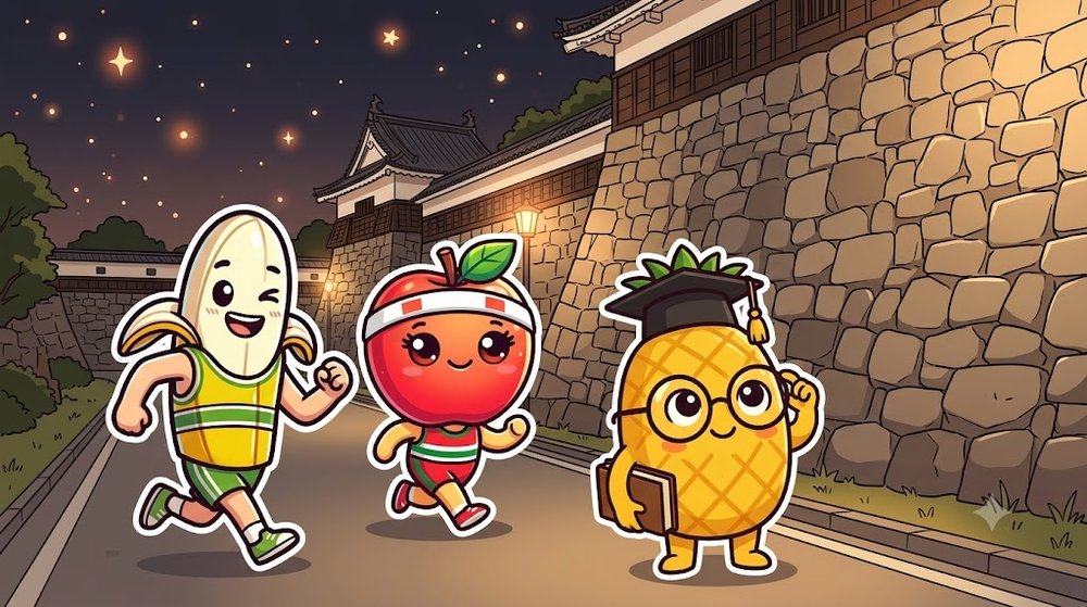 夜の城の石垣のそばを走る