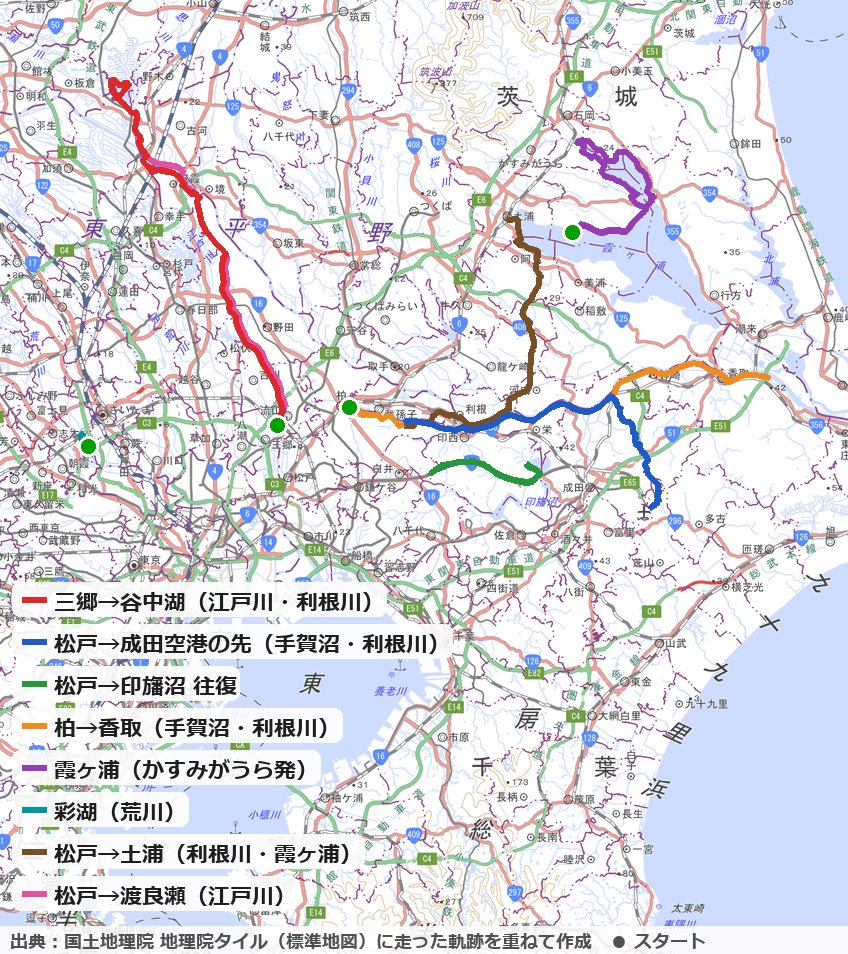 関東の60km走の9つのルートの地図