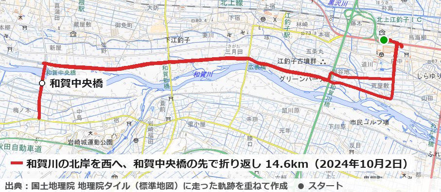 北上江釣子ICの近くから南へ出て、和賀川の北岸を西へ走り、和賀中央橋を渡った先で折り返した14.6kmのコースの地図