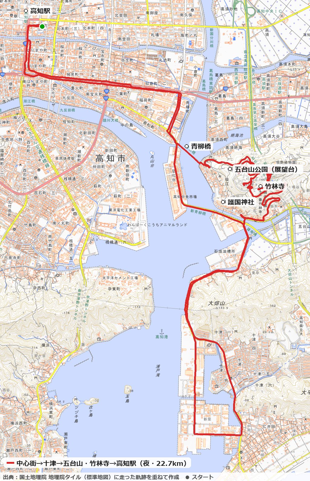 高知市の中心街から五台山・竹林寺を回るコースの地図