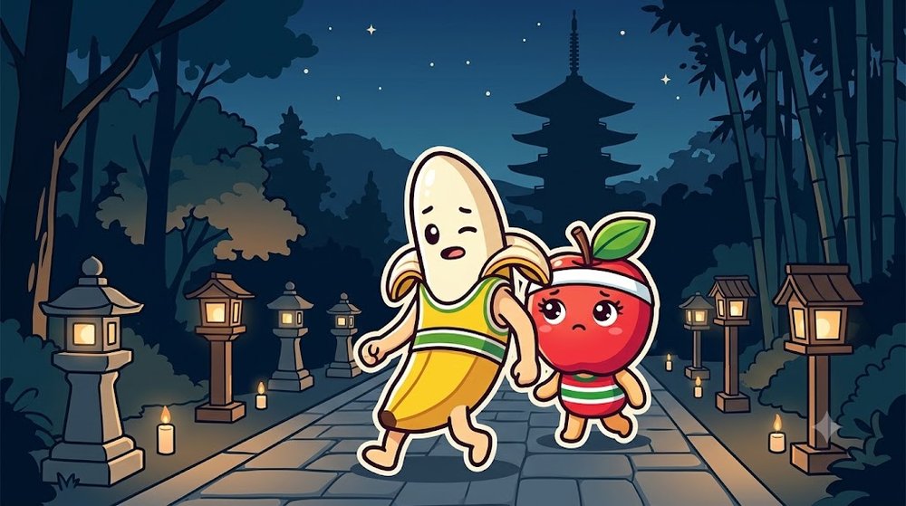 灯籠の明かりが並ぶ夜の寺の参道を歩く