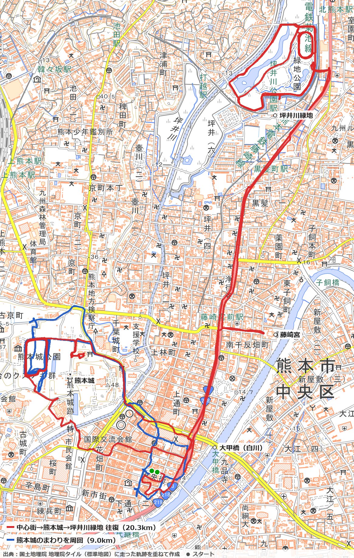 熊本の中心街から熊本城・坪井川緑地までのランニングコースの地図