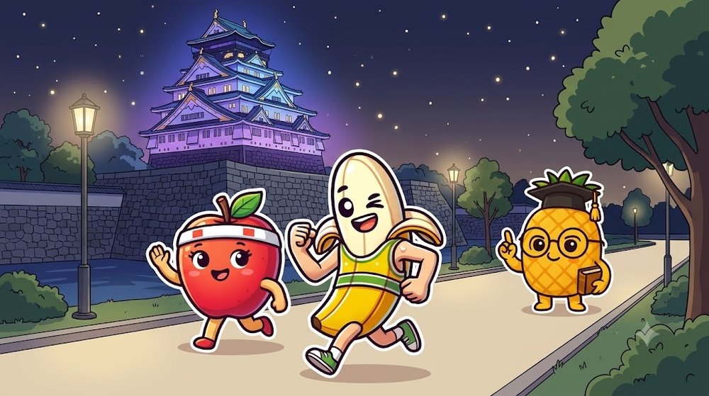 ライトアップされたお城のまわりを走る