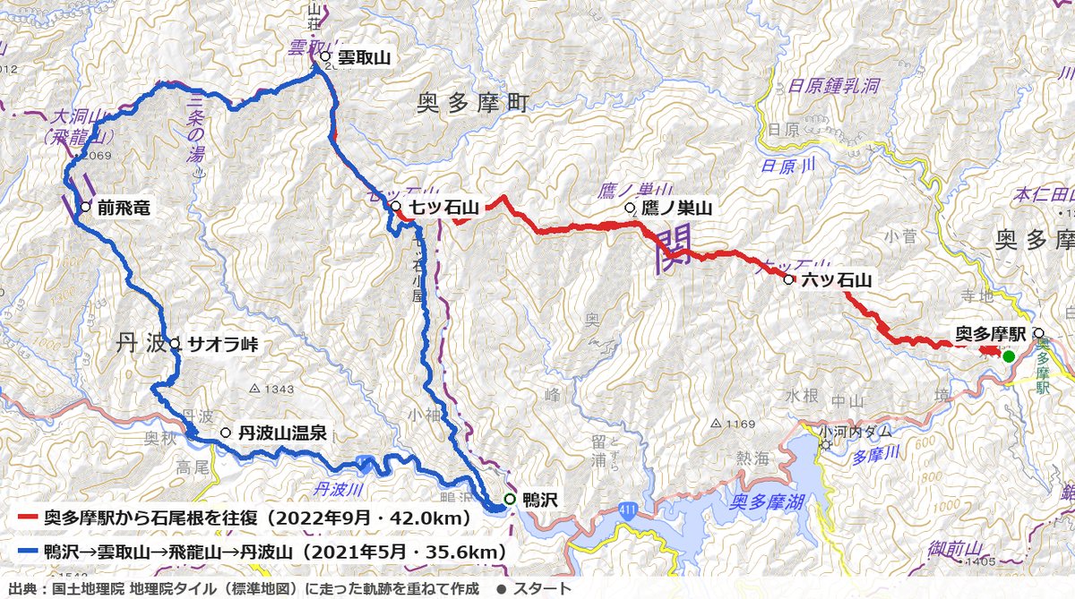雲取山の2つのコースの地図(奥多摩駅から石尾根往復・鴨沢から飛龍山周回)