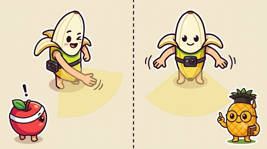 上から見た比較。カメラを腰の横に付けると手が写る範囲に入り、おなかの真ん中に付けると手は範囲の外を通るイラスト