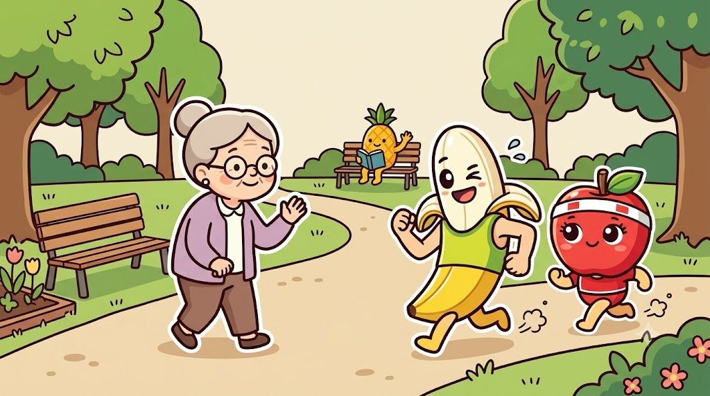 公園の園路で2人のランナーが縦1列になり、道の端に寄って散歩の人とすれ違うイラスト