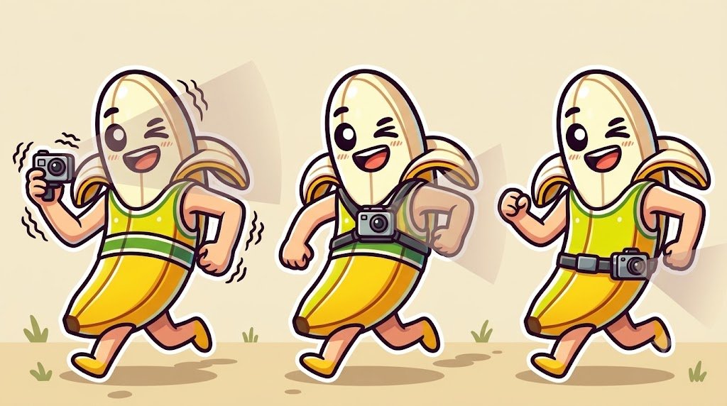 手に持つ・胸に付ける・腰に付ける、3つのカメラの付け方を並べて比べたイラスト。手に持つと画面が大きく揺れる