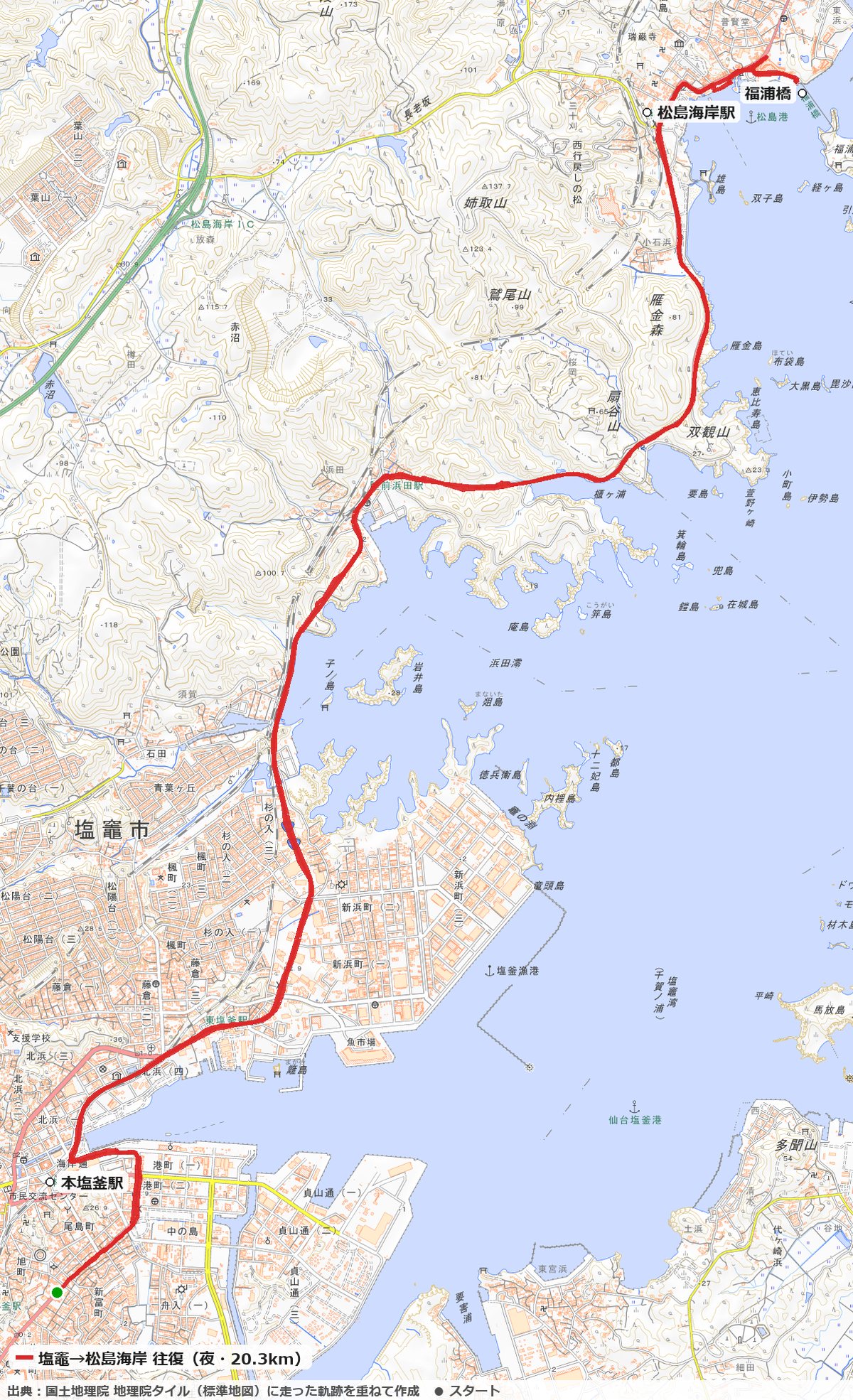 塩竈から松島海岸まで往復したコースの地図