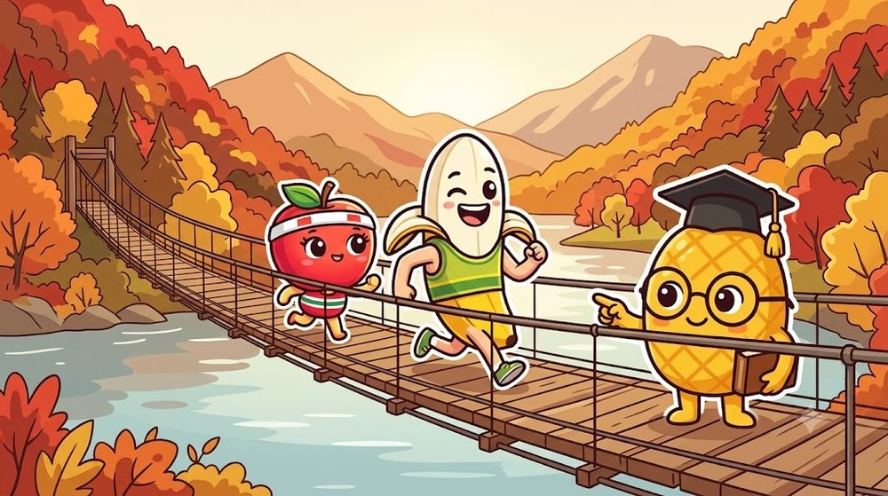 秋の朝、紅葉の山に囲まれた湖のつり橋を走る