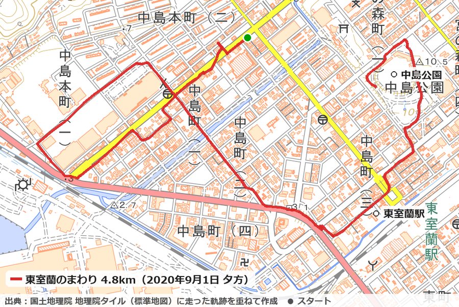 室蘭市の中島町から西へ中島本町まで走って戻り、南へ東室蘭駅の近くを通り、北の中島公園に入った4.8kmのコースの地図