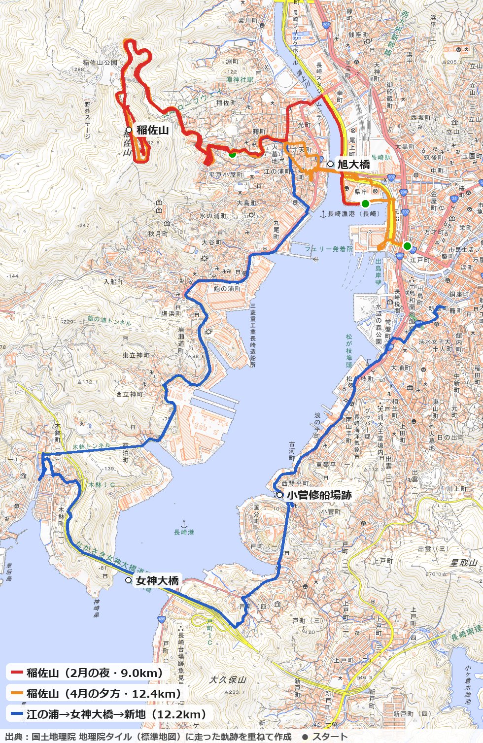 長崎の稲佐山と女神大橋のランニングコースの地図
