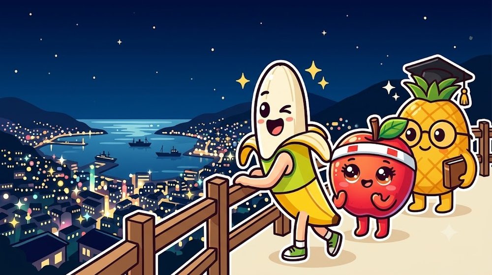 山の上から港の街の夜景を見下ろす