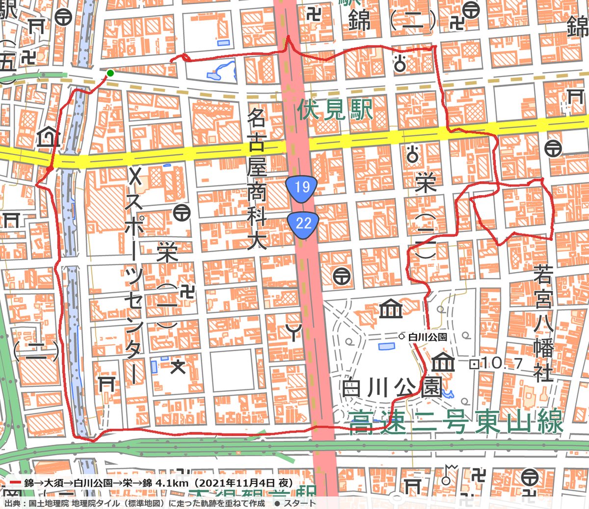 錦から南へ走って大須へ、白川公園を通って北の栄へ。栄の中を回ってから錦に戻った4.1kmのコースの地図
