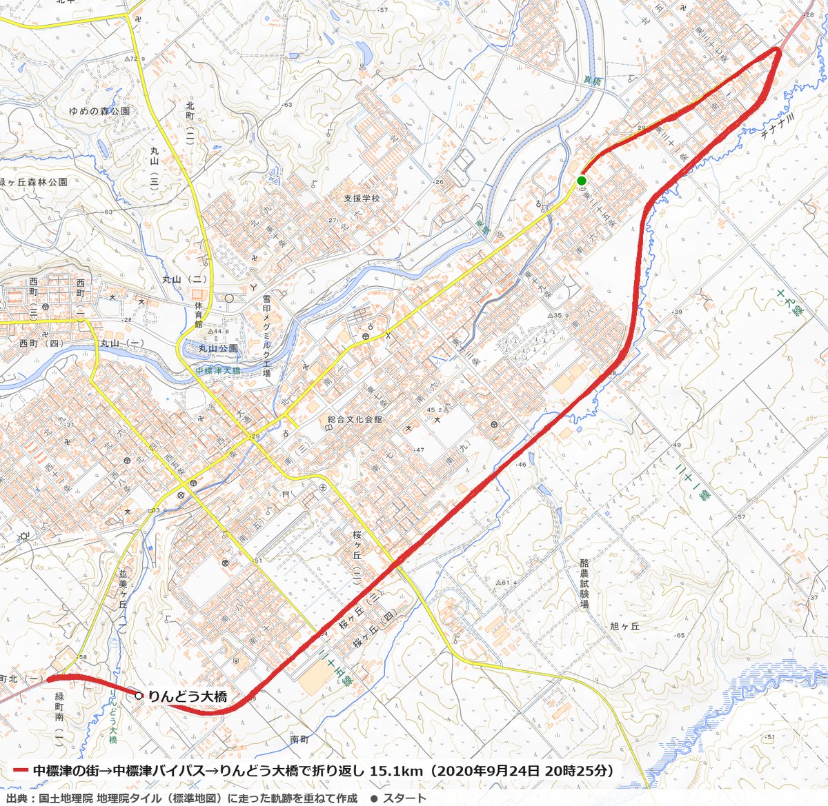 中標津の街の東からチナナ川の近くを通り、中標津バイパスを南西へ走って、りんどう大橋の先で折り返した15.1kmのコースの地図
