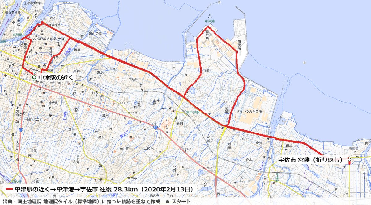 中津駅の近くから中津港の埋め立て地を回り、宇佐市の宮熊まで往復した28.3kmのコースの地図