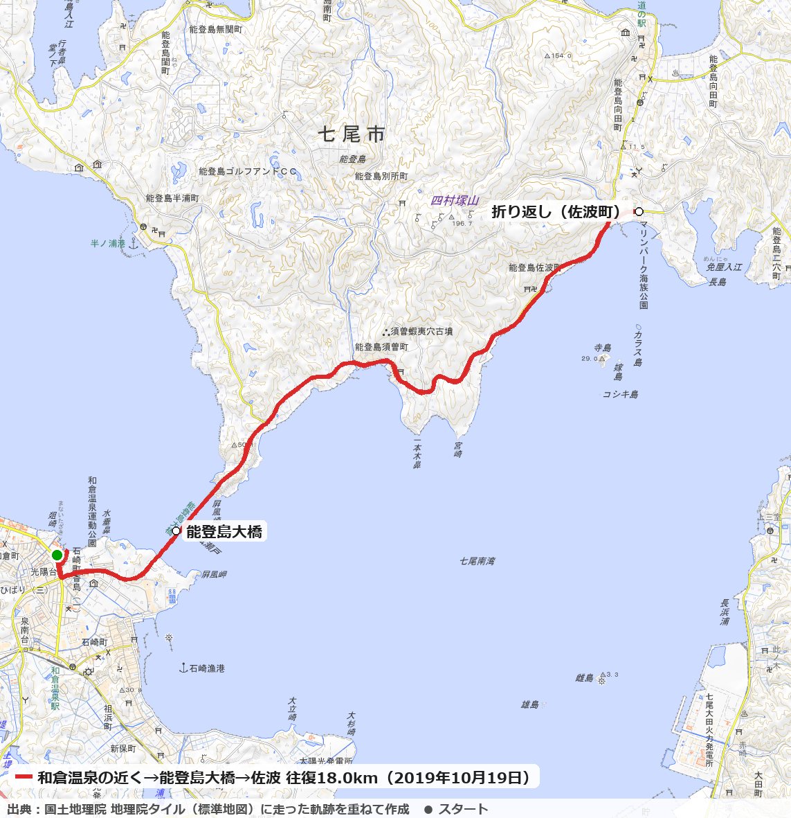 和倉温泉の近くから能登島大橋を渡り、能登島の海沿いを佐波まで往復した18.0kmのコースの地図