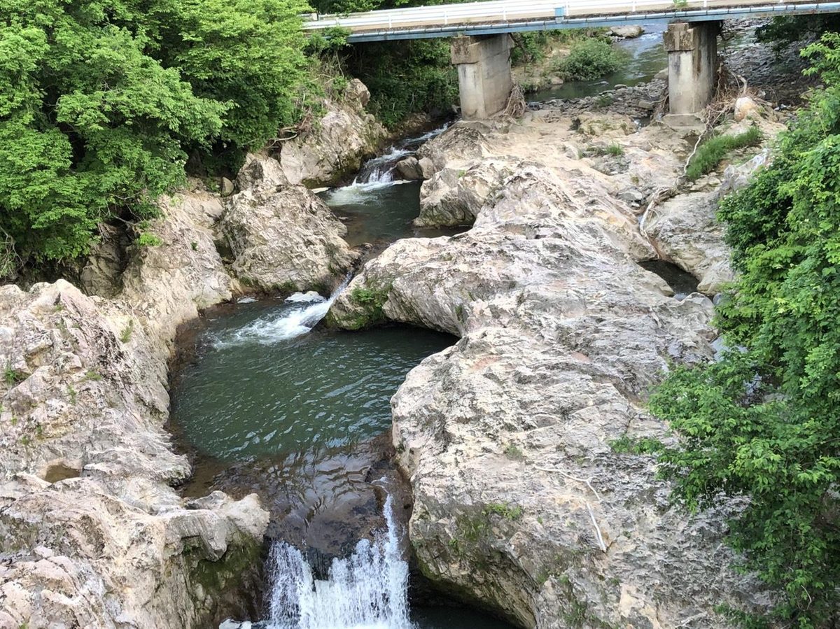 名取川の岩場と小さな滝