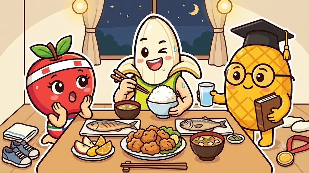 マラソンを走った日の夜、大盛りのご飯と焼き魚・唐揚げ・味噌汁をがっつり食べるバナナぴろし