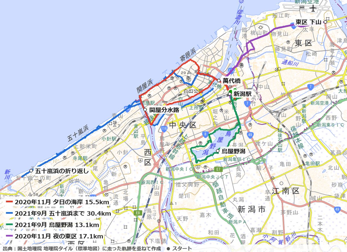 新潟市で走った4つのコースの地図(信濃川・関屋分水路・日本海・五十嵐浜・鳥屋野潟・東区)