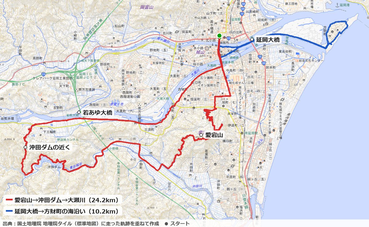 延岡の愛宕山・沖田ダム・大瀬川と海沿いのコースの地図