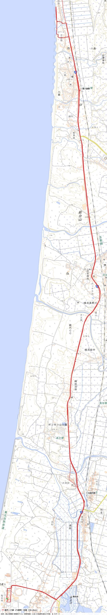 能代から八峰町八森まで往復したコースの地図