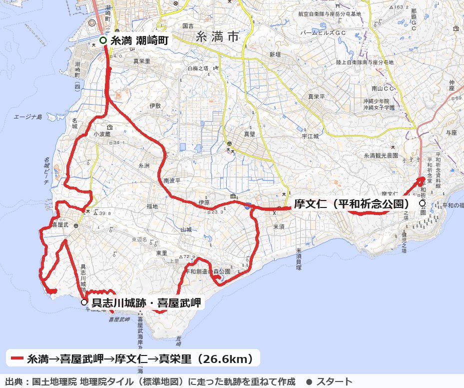 糸満の潮崎町から喜屋武岬・摩文仁を回るコースの地図
