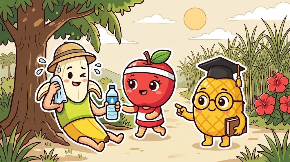 南国の道で帽子と水を持って木陰で休む