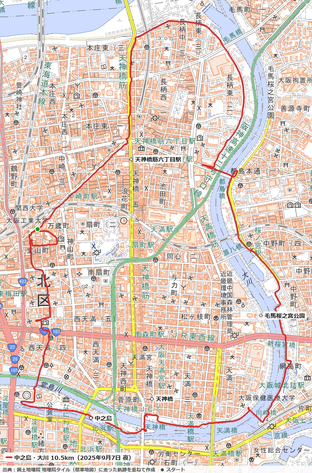 中之島と大川の両岸を回った10.5kmのコースの地図