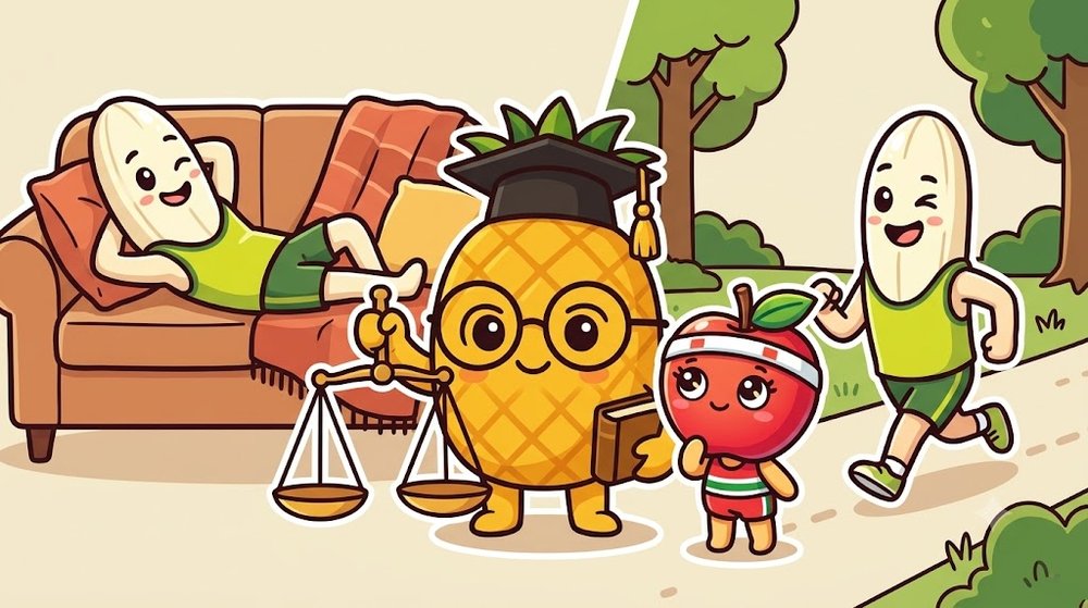 ソファで休むバナナぴろしと、ゆっくりジョグするバナナぴろし。真ん中でナップル博士が持つ天秤はつり合っている