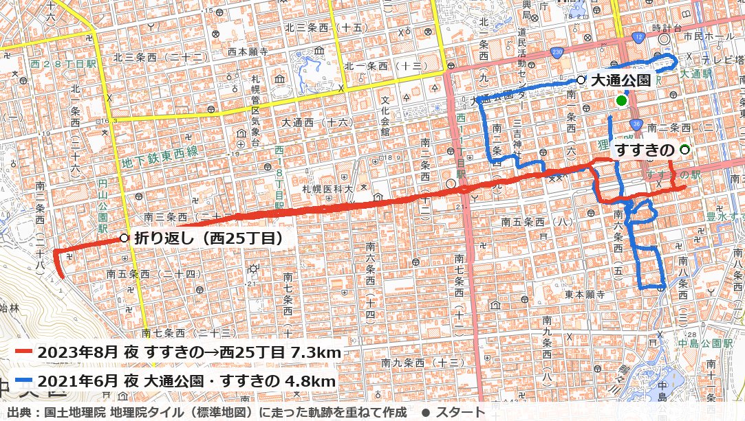 札幌の中心部で走った2つのコースの地図(すすきの・大通公園・西25丁目)
