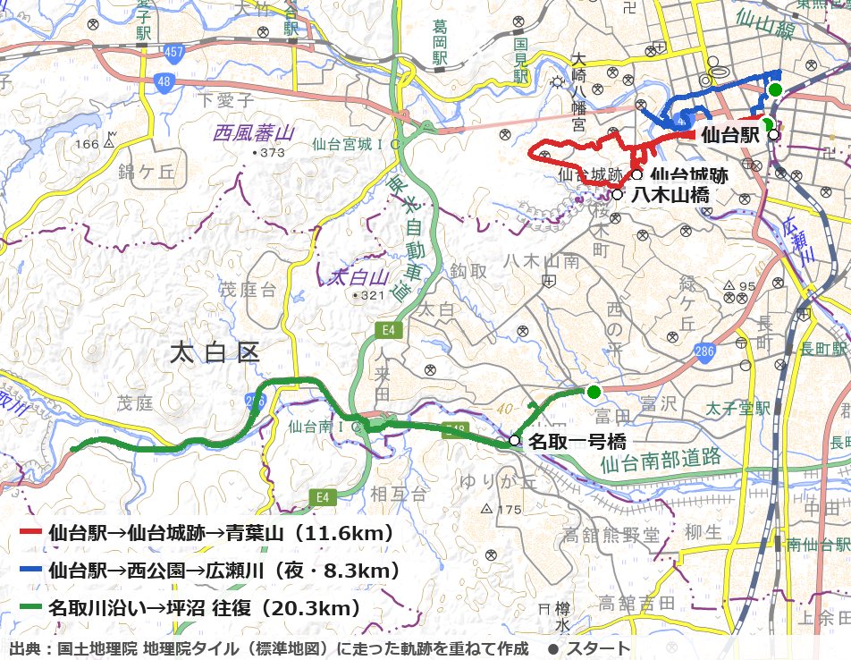 仙台駅から仙台城跡・青葉山と名取川のランニングコースの地図