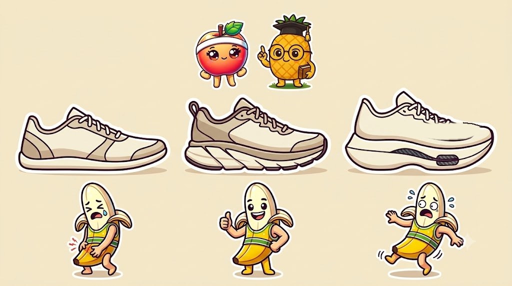 3種類のランニングシューズを真横から並べたイラスト。左はソールの薄いぺたんこのシューズ、真ん中はかかとが厚いクッションのジョグシューズ、右はソールが極端に厚く前が反り上がった厚底カーボンシューズ