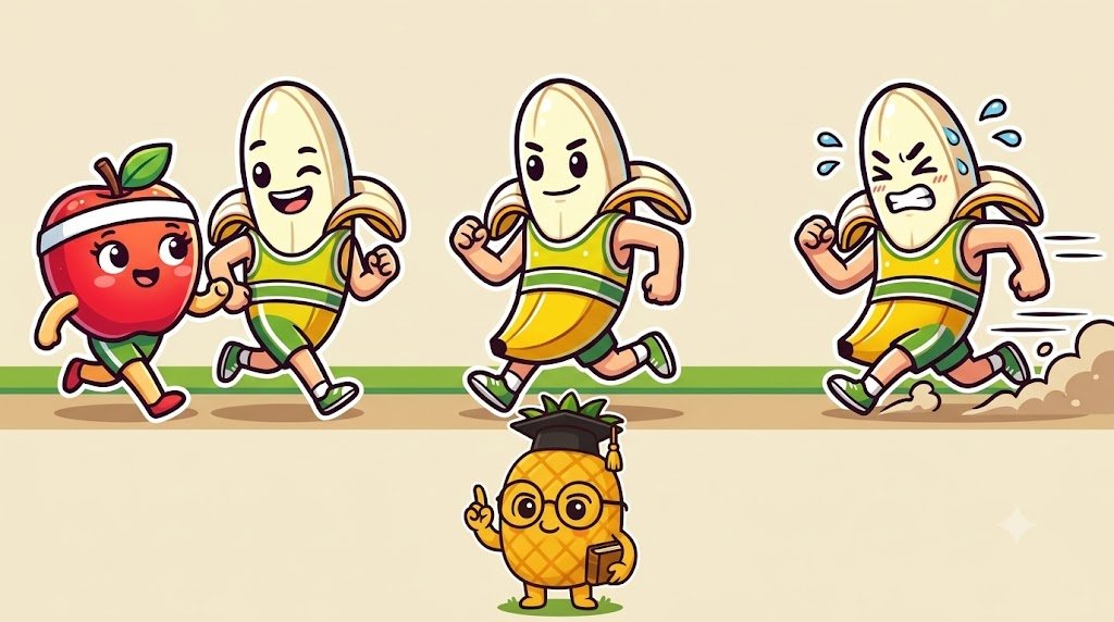 3つの場面で、楽なジョグでおしゃべりしながら走る、落ち着いてレースのペースで走る、歯を食いしばって速く走る、を比べた説明図