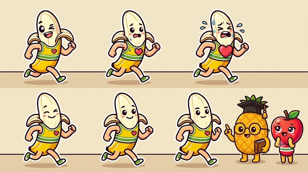 上の段は、走り続けるうちに胸のハートが大きくなり苦しそうになる。下の段は、同じ速さでもハートが小さいまま落ち着いて走っている説明図