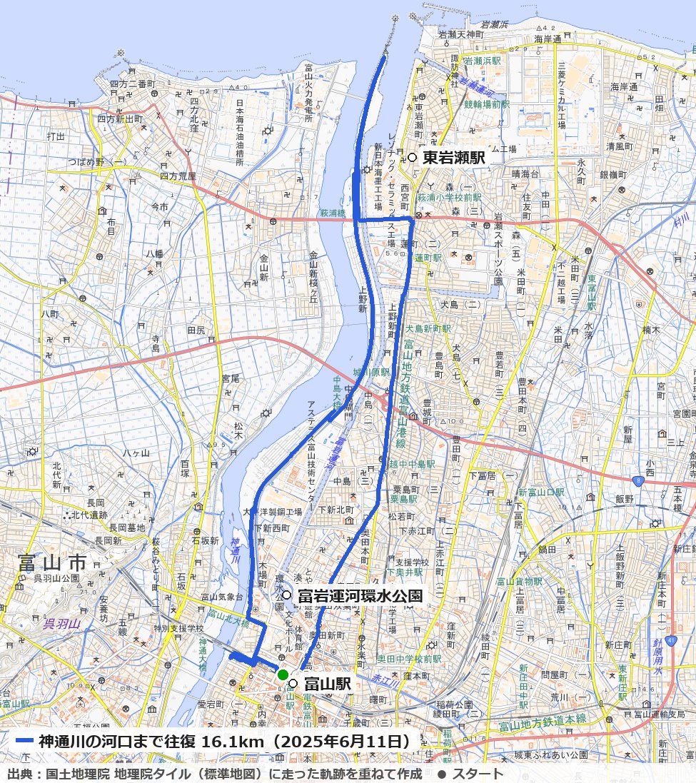 富山駅の北から神通川の東の岸を河口まで走り、富山港線沿いに戻った16.1kmのコースの地図
