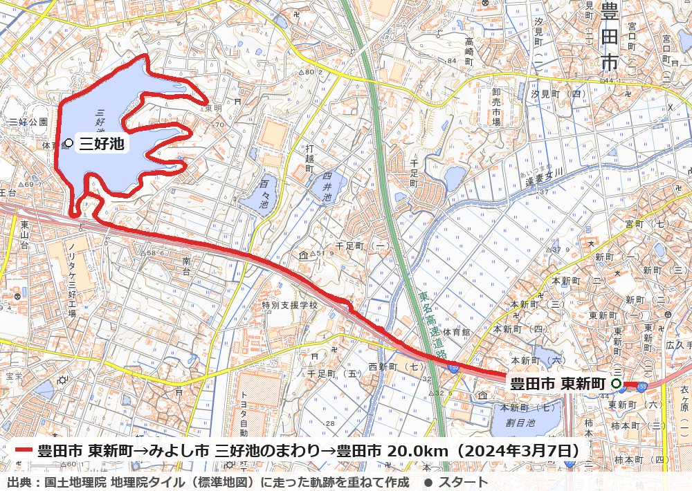 豊田市の東新町から西へ走り、みよし市の三好池のまわりを3周して戻った20.0kmのコースの地図