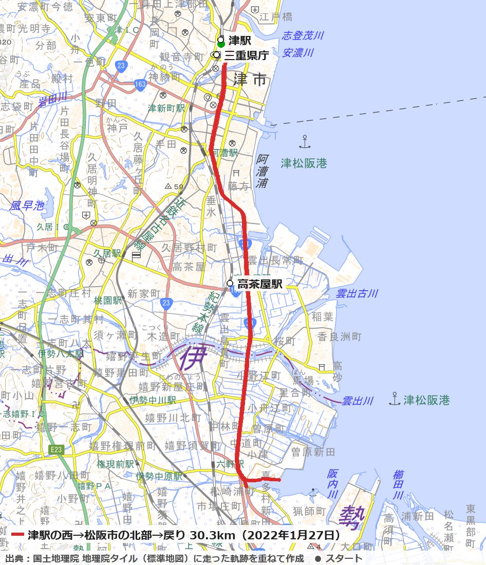 津駅から南へ、雲出川を渡って松阪市の北部まで往復した30.3kmのコースの地図