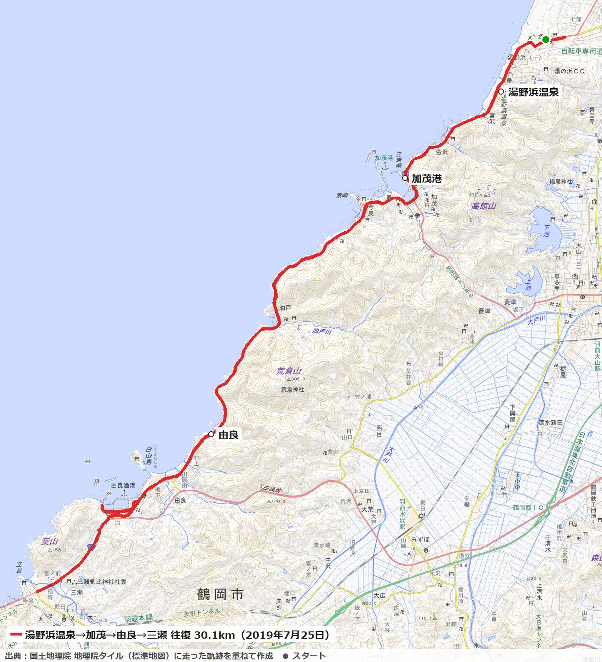 湯野浜温泉から加茂港・由良を通って三瀬まで、日本海沿いを往復した30.1kmのコースの地図