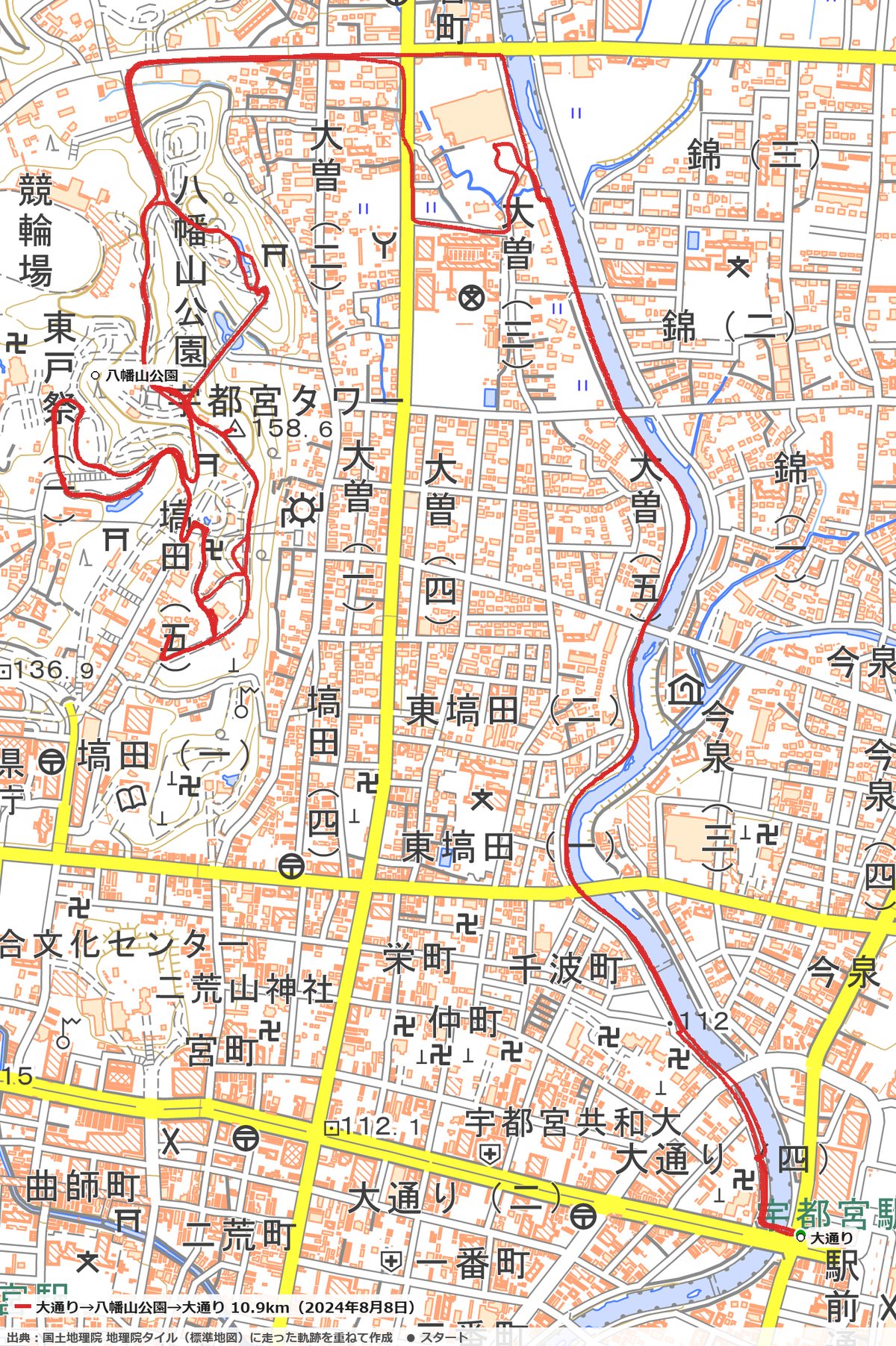 宇都宮駅の近くから田川沿いを北へ走り、八幡山公園を回って戻った10.9kmのコースの地図