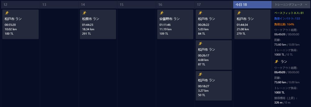 COROSトレーニングハブのカレンダー。10月12日から18日までの7本のランと、右側に週の合計（73.60km・トレーニング負荷1000）