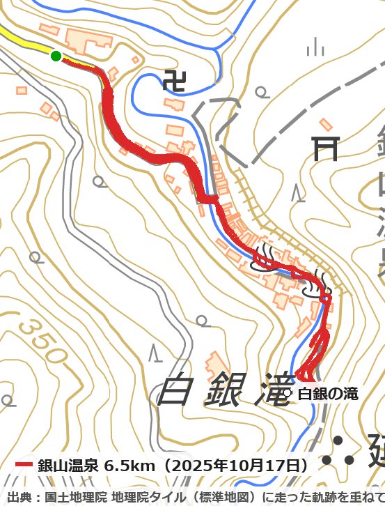 銀山温泉の温泉街の入口から川沿いを上って白銀の滝まで行き、温泉街の道を行ったり来たりした6.5kmのコースの地図