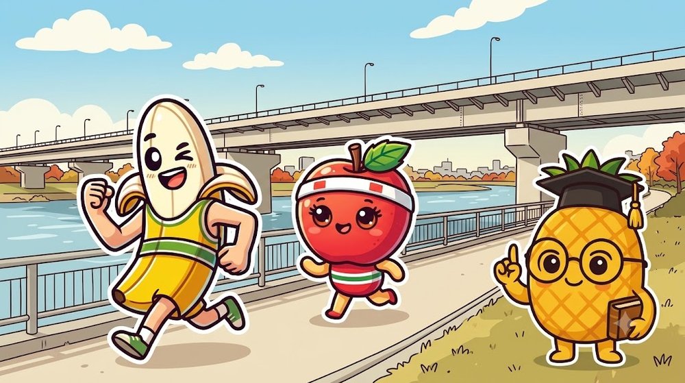 秋の昼、大きな橋のかかる川沿いを走る