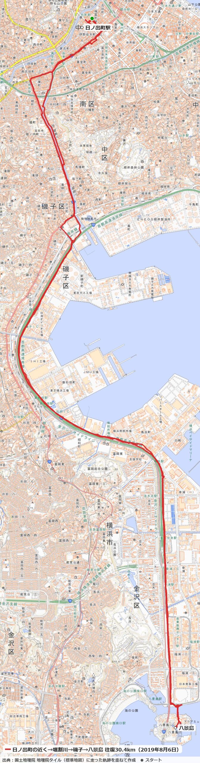 日ノ出町駅の近くから南へ、堀割川沿いを通って磯子へ。国道357号を南へ走って八景島まで行き、同じ道を戻った往復30.4kmのコースの地図
