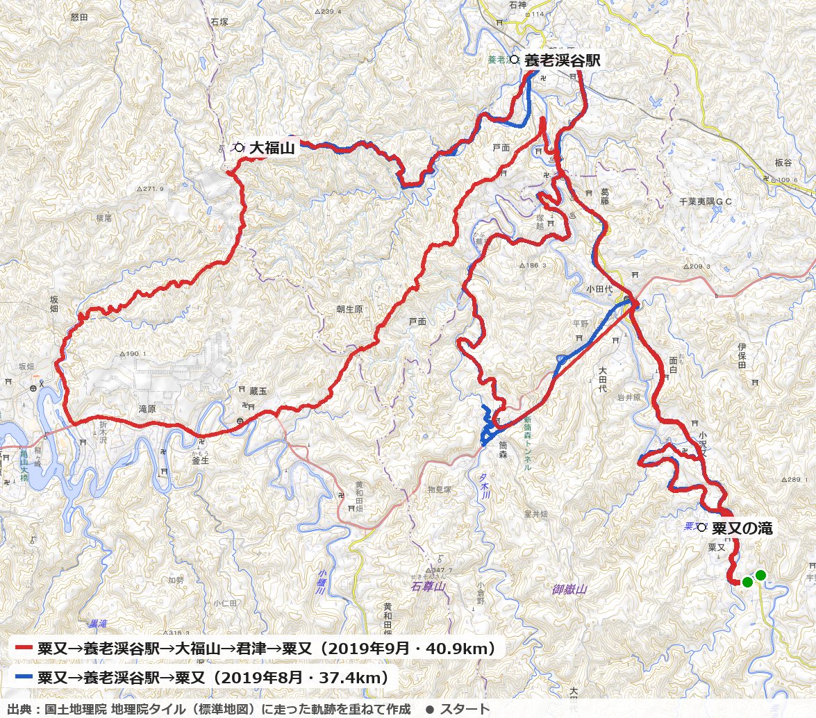 養老渓谷の粟又の滝から養老渓谷駅・大福山を回るコースの地図